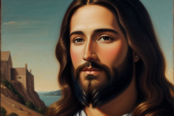 A painting of Jesus with long hair and a beard